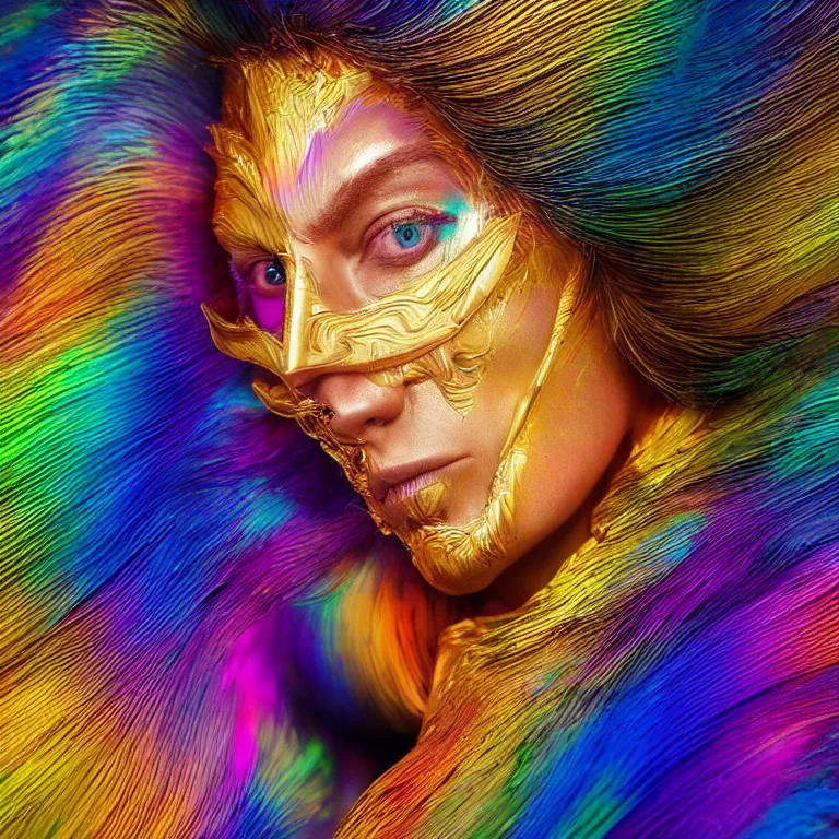 Prompt: octane render portrait by national geographic and wayne barlow and carlo crivelli and glenn fabry, a beautiful woman wearing a mask made of beautiful feathers, inside a giant massive wave of colorful iridescent liquid gold, cinema 4 d, ray traced lighting, very short depth of field, bokeh