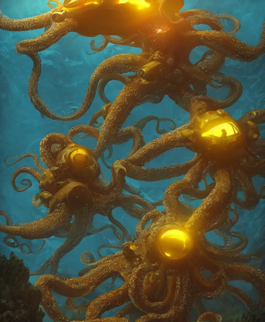 Image similar to giant octopus grabbing a small yellow submarine underwater, illustrated by simon stalenhag and gaston bussiere, beautiful volumetric lighting style atmosphere, intricate, ultra detailed, photorealistic imagery, trending on artstation, octane render, 8 k