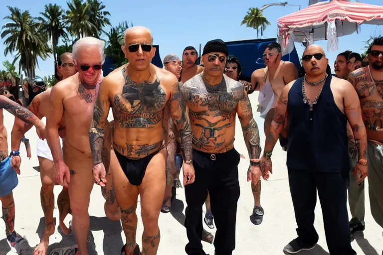 Prompt: shirtless biden with tatoos, latino, thug life, high quality, standing in front of lowrider