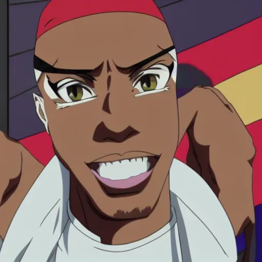 Image similar to Tupac Shakur, screenshot from a 2012s anime