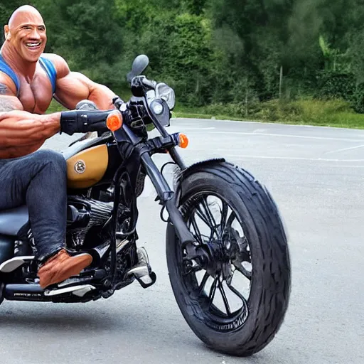 Image similar to dwayne the rock johnson riding a hog