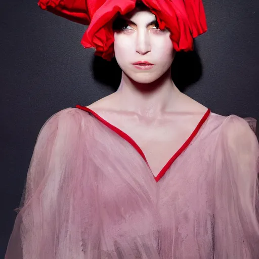 Prompt: half - length portrait of girl in a red hat and black dress, fine art portrait photography by paolo roversi, volumetric lighting, very detailed, high resolution,