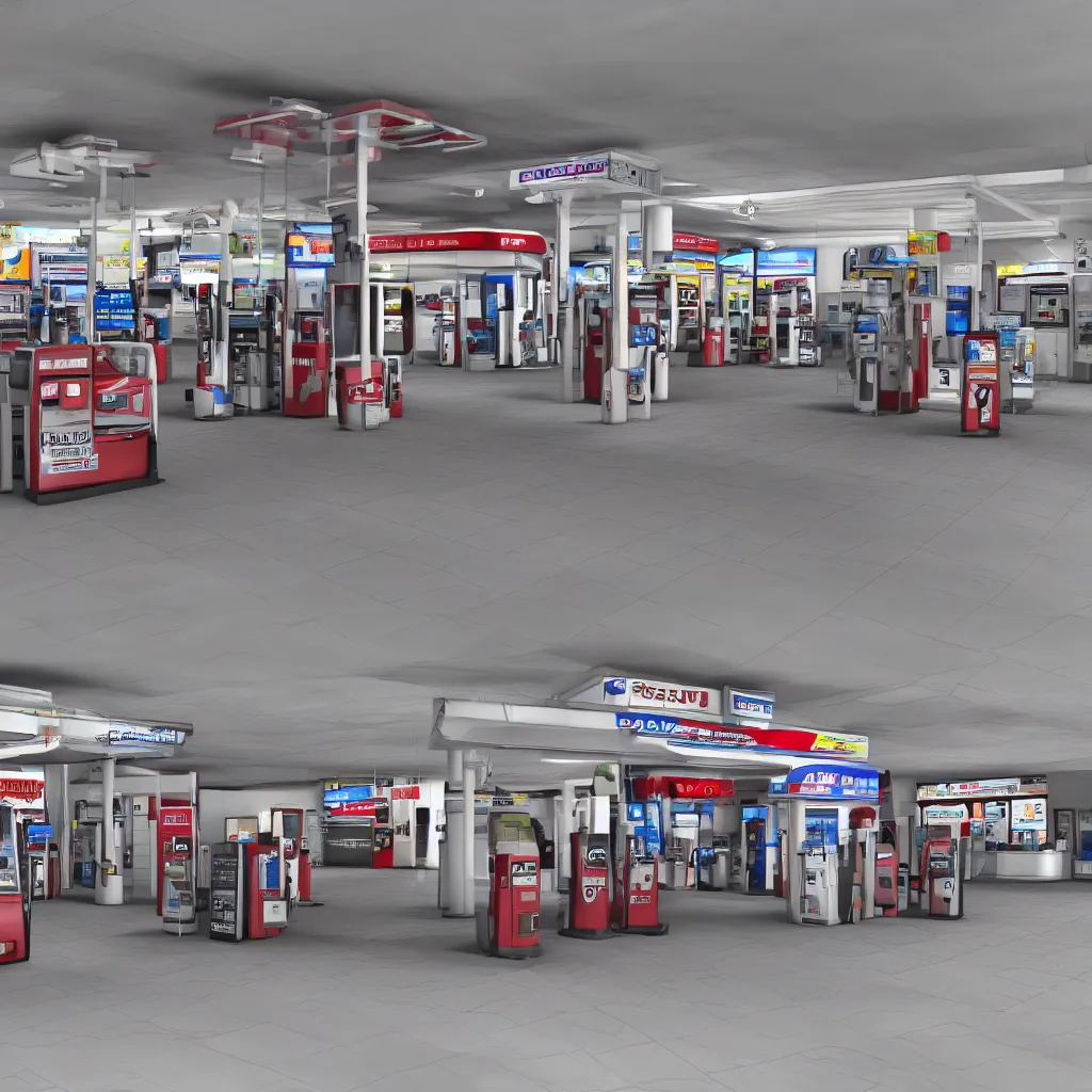 Prompt: hyper realistic 3 d rendering of studio shot of gas station isolated on white background, hd, hdr, ultra detailed, high resolution