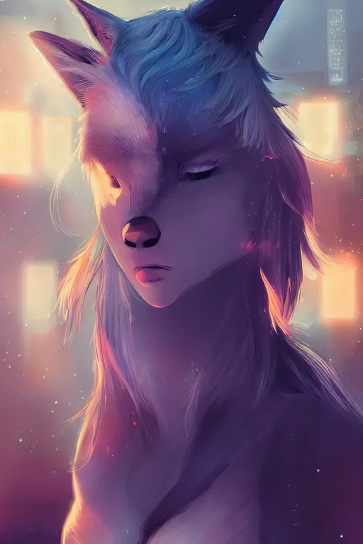 Image similar to a fox fursona, trending on pixiv, by kawacy, furry art, digital art, cyberpunk, high quality, backlighting