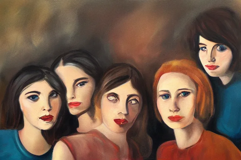 Image similar to beautiful painting of friends, beautiful faces, sitting on the edge, cute, soft light, digital painting by diane arbus