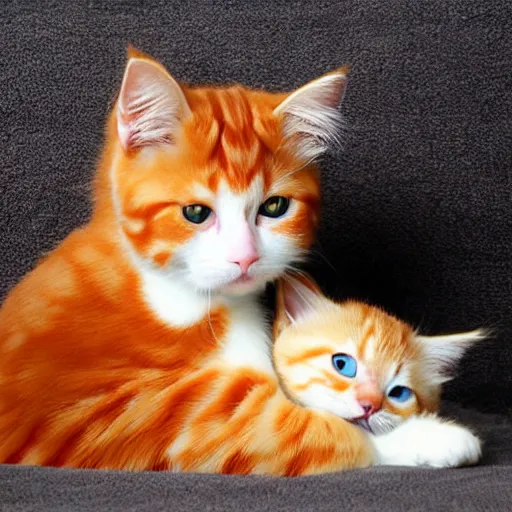 Prompt: a photo ginger cat, holding a kitten
