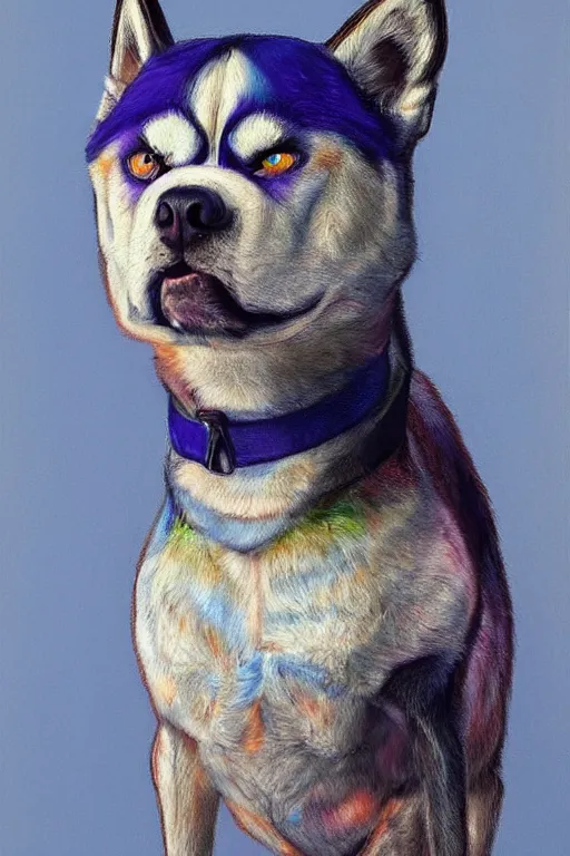 Prompt: a character design of a husky boxer in blue vest, portrait painting, anime, humanoid, anthropomorphic, personify, furry