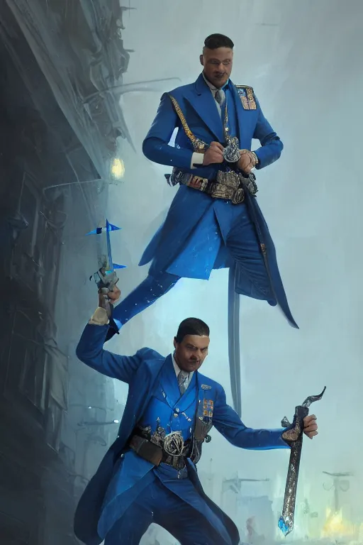 Prompt: a man in a blue suit with medals on it holding a sword in one hand and a pistol in the other hand, highly detailed, d & d, fantasy digital painting, trending on artstation, concept art, sharp focus, illustration, global illumination, ray tracing, realistic shaded, ruan jia, randy vargas, greg rutkowski