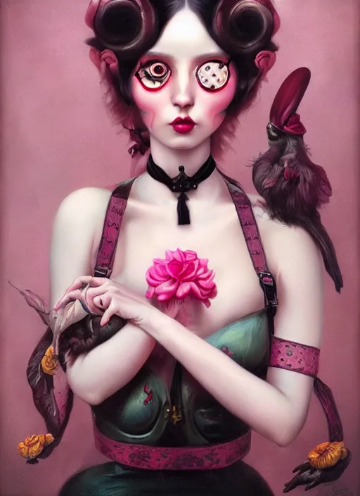 Image similar to pop surrealism, lowbrow art, realistic seductive cute woman painting, pink body harness, hyper realism, muted colours, rococo, natalie shau, loreta lux, tom bagshaw, mark ryden, trevor brown style,