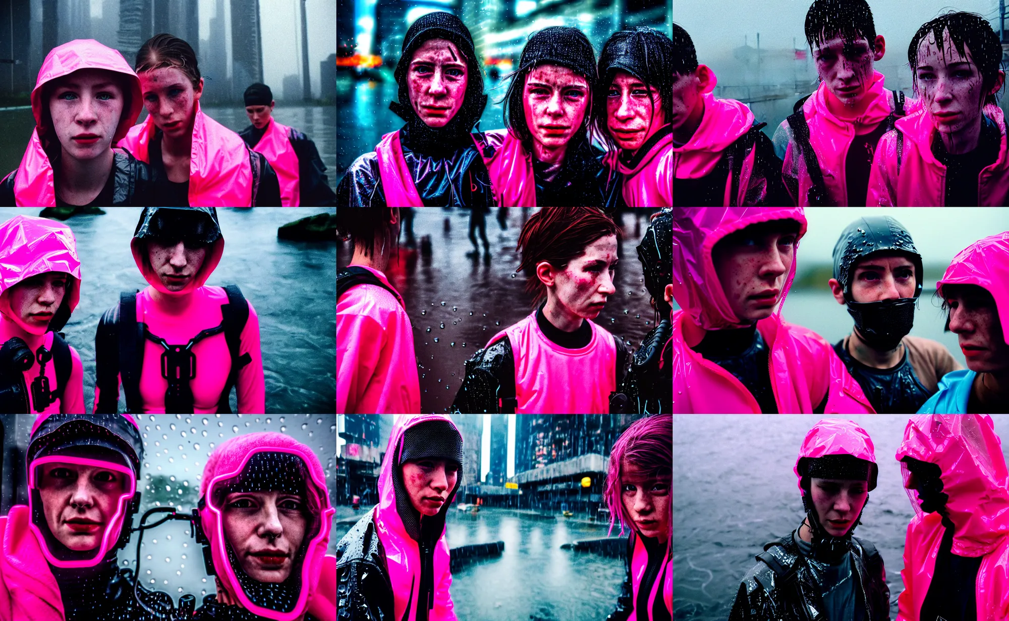 Prompt: cinestill 5 0 d candid photographic portrait by helen levitt of two cyberpunks wearing rugged neon pink mesh techwear in treacherous waters, extreme closeup, modern cyberpunk moody depressing cinematic, pouring rain, 8 k, hd, high resolution, 3 5 mm, f / 3 2, ultra realistic faces, ex machina