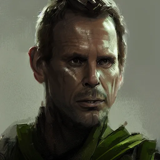 Prompt: portrait of superhero by greg rutkowski, michael biehn wearing a olive green and black kevlar gear, highly detailed portrait, digital painting, artstation, concept art, smooth, sharp foccus ilustration, artstation hq