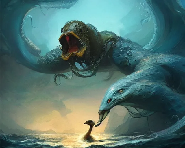 Prompt: a kraken duck hybrid, emerging from the ocean, by greg rutkowski and frank frazetta, intricate, artstation, vibrant, cinematic, style of magic : the gathering