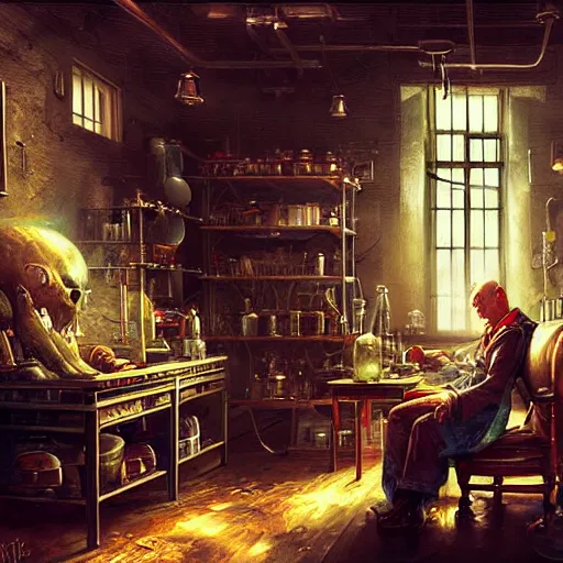 Prompt: the last alchemist sits in his lab by raymond swanland, highly detailed