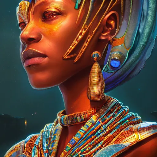 Image similar to highly detailed portrait of an african egyptian goddess, intricate alien technology, stephen bliss, unreal engine, fantasy art by greg rutkowski, loish, rhads, ferdinand knab, makoto shinkai and lois van baarle, ilya kuvshinov, rossdraws, tom bagshaw, global illumination, radiant light, detailed and intricate environment