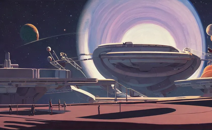 Image similar to A space station on the edge of the space, very coherent, painted by Edward Hopper, Wayne Barlowe, painted by James Gilleard, airbrush, art by JamesJean