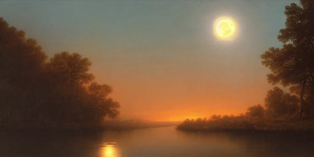 Image similar to awe inspiring arkhip kuindzhi landscape, hyperrealistic oil painting, moonlight over a river, 4 k, matte