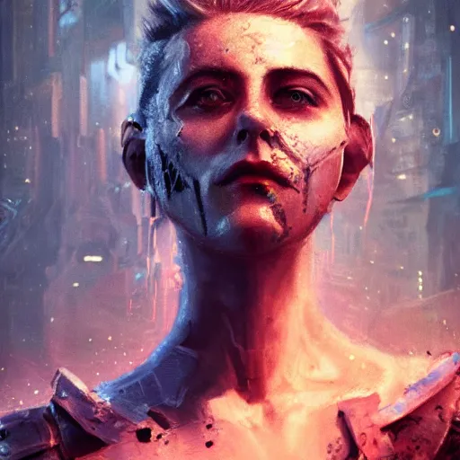Image similar to greta gerwig portrait, dystopia core, apocalyptic, armor, warrior, dramatic, sharp focus, fiction, neon, fantasy, hyper detailed, digital art, trending in artstation, cinematic lighting, studio quality, smooth render, unreal engine 5 rendered, octane rendered, art style and nixeu and wlop and krenz cushart
