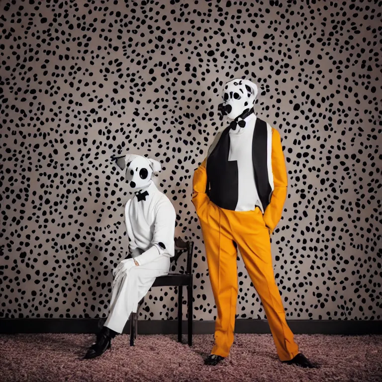 Image similar to vogue photoshoot octane render portrait of 1 0 1 dalmatian with white background, focus on an eccentric man in a bright colorful pastel wes anderson uniform and a latex mask inside a high - end exotic vintage boutique hotel lounge, very short depth of field, bokeh