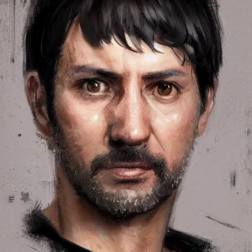 Image similar to Portrait of a man by Greg Rutkowski, he is about 40 years old, short black hair with bangs, his features are a mix between French, Turkish and Russian, dad vibes, he is wearing a white and black utility jumpsuit, highly detailed portrait, digital painting, artstation, concept art, smooth, sharp foccus ilustration, Artstation HQ.