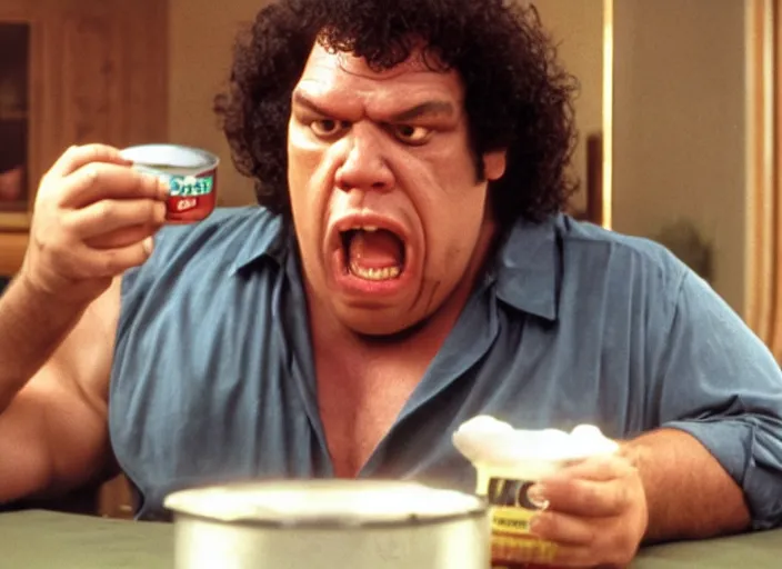 Image similar to film still of Andre the Giant eating a can of beans in the new Lethal Weapon movie, 4k