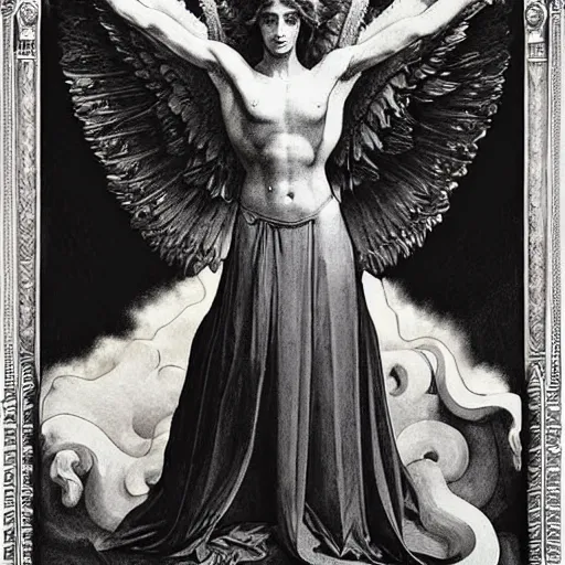 Image similar to godlike awe-inspiring menacing Lucifer royal portrait, Superbia, standing tall invincible, beautiful angelic wings, intricate, elegant, sophisticated, capital sin of Pride, stunning, breathtaking, award-winning, groundbreaking, concept art, nouveau art, Dark Fantasy mixed with Socialist Realism, by Michelangelo, Caravaggio, Alphonse Mucha, Michael Whelan, William Adolphe Bouguereau, John Williams Waterhouse, and Donato Giancola, extremely moody lighting, glowing light and shadow, atmospheric, fine art, trending, featured, 8k, photorealistic, complex,symmetrical , 3-point perspective, hyper detailed, unreal engine 5, IMAX quality, cinematic, high resolution, 3D, PBR, path tracing, volumetric lighting, octane render, arnold render