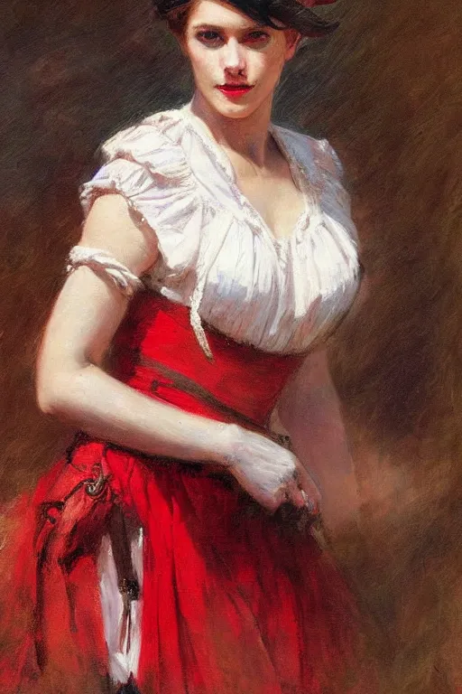 Image similar to Solomon Joseph Solomon and Richard Schmid and Jeremy Lipking victorian genre painting full length portrait painting of a young beautiful woman traditional german french pirate wench in fantasy costume, red background