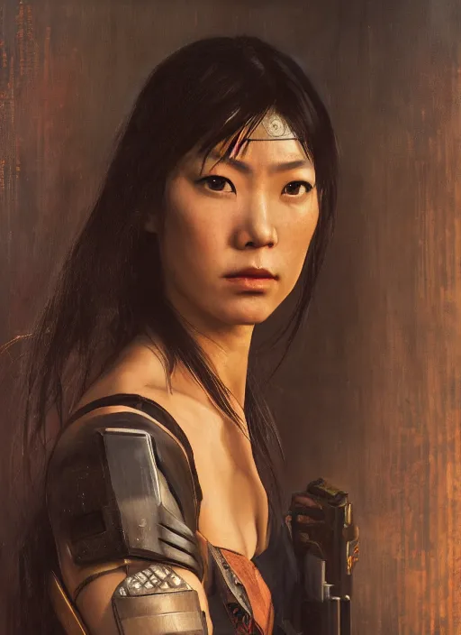 Prompt: Nikki Tanaka. female Cyberpunk samurai (blade runner 2049, cyberpunk 2077). Orientalist portrait by john william waterhouse and James Gurney and Theodore Ralli and Nasreddine Dinet, oil on canvas. Cinematic, hyper realism, realistic proportions, dramatic lighting, high detail 4k