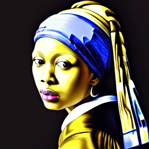 Prompt: portrait of an african woman, girl with the pearl earring, hyper realistic, black background, yellow and blue,