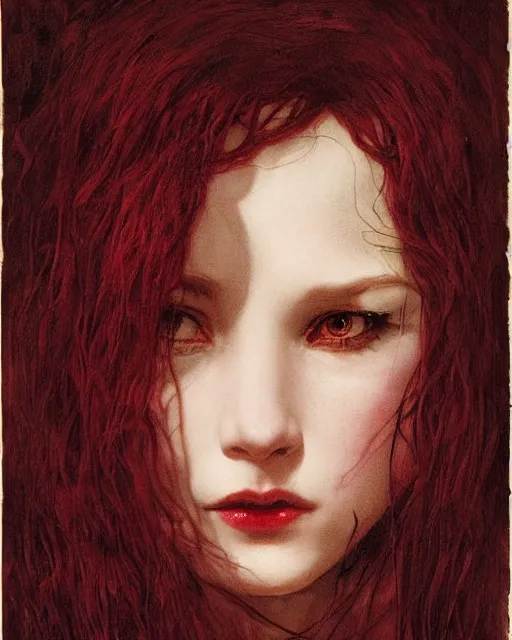 Prompt: a beautiful but sinister girl in layers of fear, with haunted eyes and tangled, dark hair, 1 9 7 0 s, seventies, delicate embellishments, a little blood, crimson, painterly, offset printing technique, by alexandre cabanel