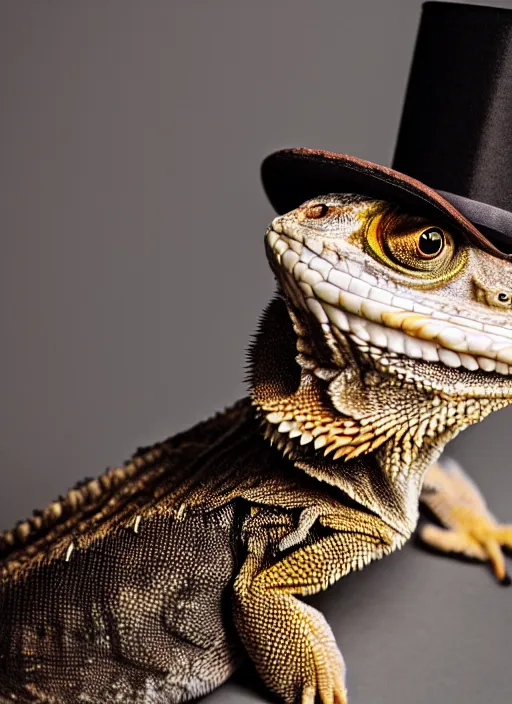 Prompt: dslr portrait still of a bearded dragon wearing a top hat and bow time, 8 k 8 5 mm f 1. 4