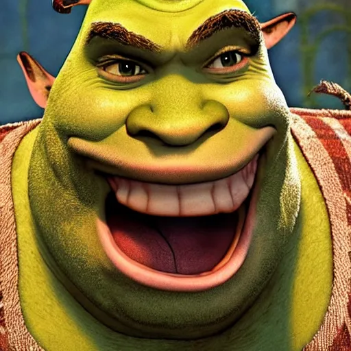 Prompt: Shrek, big fat Shrek, strong and ugly, is loudly roaring like a furious tiger