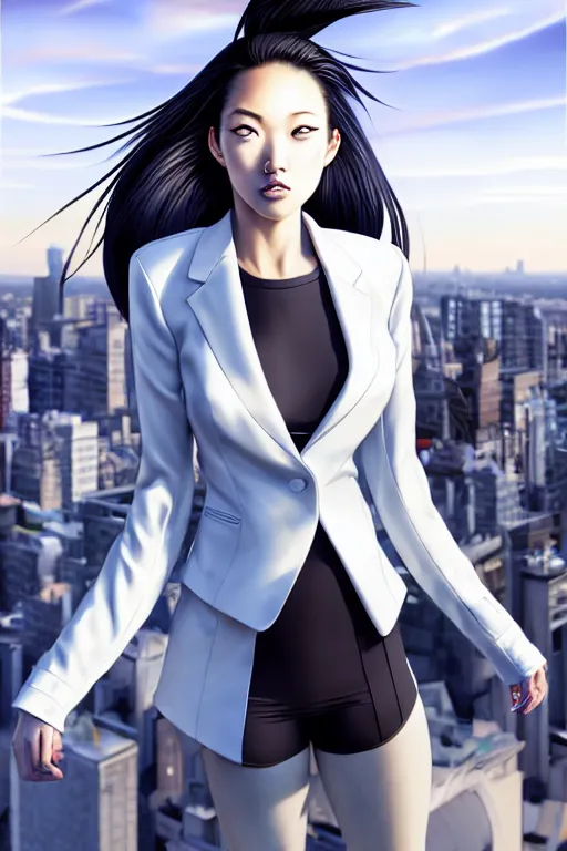 Image similar to extremely beautiful aesthetic girl with half black and half white jacket on the top of the city, full body, occlusion shadow, specular reflection, rim light, unreal engine, artgerm, artstation, art by hiroaki samura and jiro matsumoto and yusuke murata, high quality, intricate detailed 8 k, beautiful shape of face and body