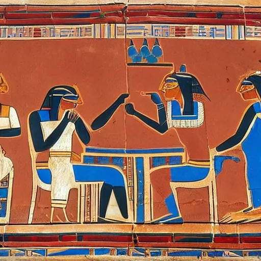 Prompt: pharaonic painting of a poker game on a wall in the middle of the desert