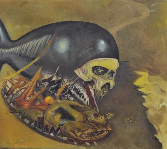 Image similar to a dead fish in the style of otto dix's der krieg, oil painting