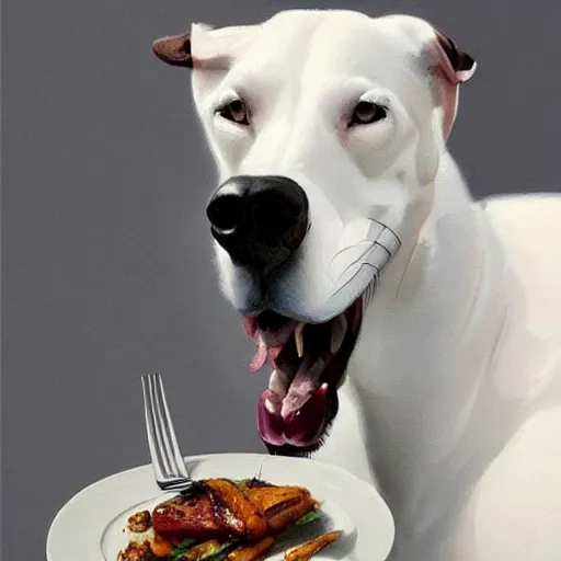 Image similar to A masterpiece portrait of a white greyhound. Greyhound is eating a steak with cutlery. Very detailed. intricate, elegant, highly detailed. trending on artstation, digital art, by Stanley Artgerm Lau, WLOP, Rossdraws, James Jean, Andrei Riabovitchev, Marc Simonetti, Yoshitaka Amano