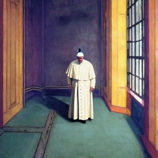 Image similar to a pope in an haunted liminal abandoned room, film still by edward hopper, by Pontormo, by klimt, pre-raphaelite. art noveau, art noveau, highly detailed, strong lights, liminal, eerie, Bright pastel colors