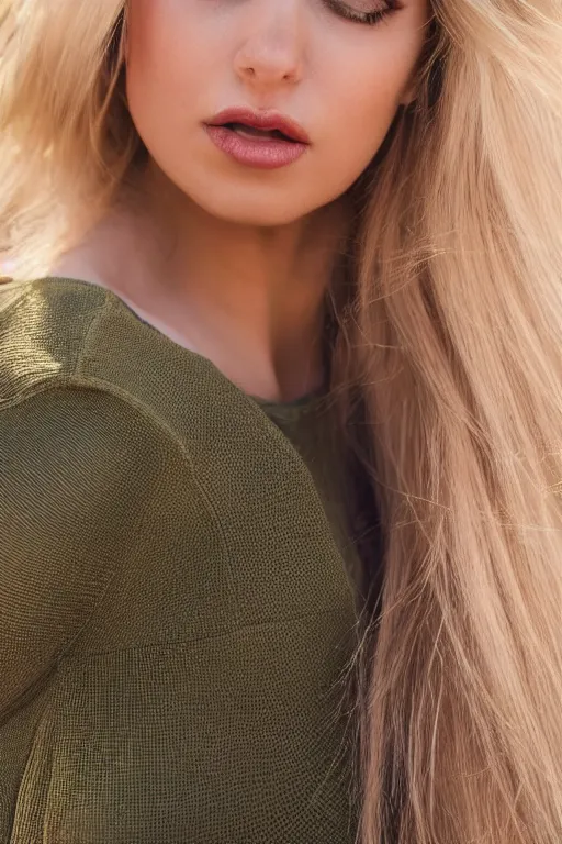 Prompt: head shot photo of a olive skinned blonde female model in her twenties, silky straight hair, wearing a designer top, looking content, photo realistic, extreme detail skin, natural beauty, no filter, slr, golden hour, 4 k, high definition, selfie