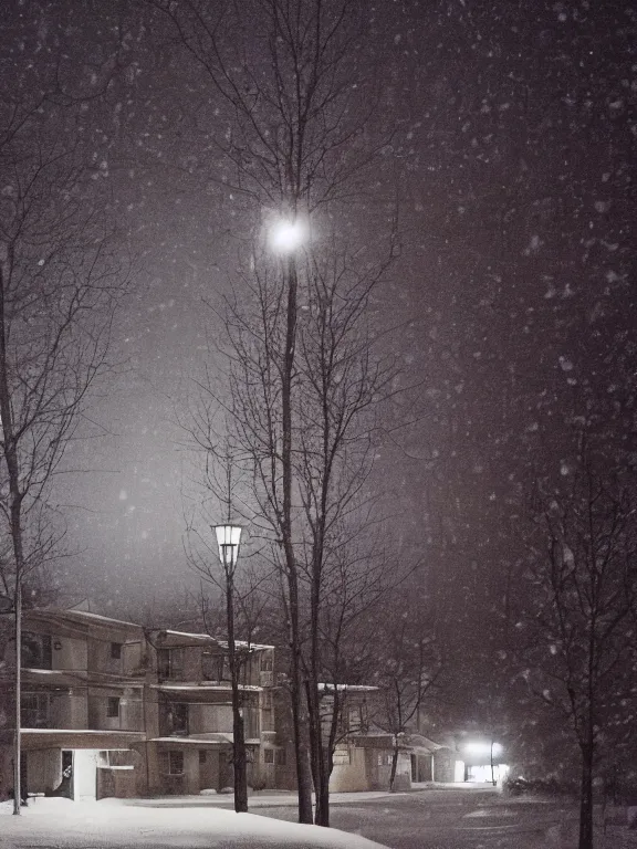 Prompt: film still of small soviet residential building in residential suburb area, lights are on in the windows, deep dark night, cozy atmosphere, cold winter, snowing, streetlamps with orange light, volumetric light, several birches nearby, elderly people stand at the entrance to the building, mega detailed