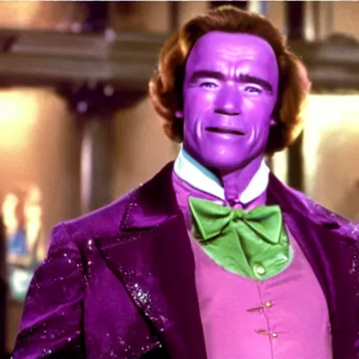 Image similar to arnold schwarzenegger starring as willy wonka, movie still