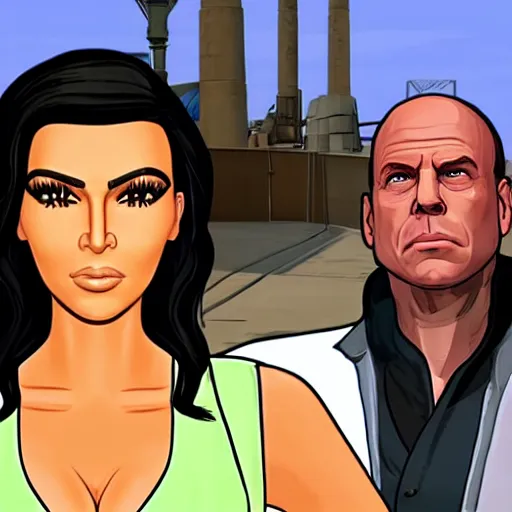 Image similar to gta vice city loading screen kim kardashian and ben shapiro in star wars episode 3 and indiana jones bruce willis and lady and the tramp on crack ultra detail