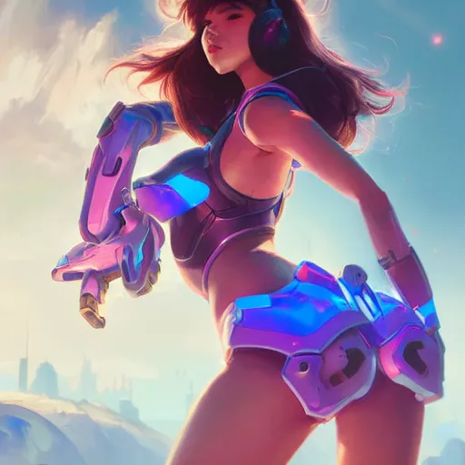 Image similar to d. va from overwatch, vaporwave, highly detailed, digital painting, artstation, concept art, smooth, sharp focus, illustration, art by artgerm and greg rutkowski and alphonse mucha