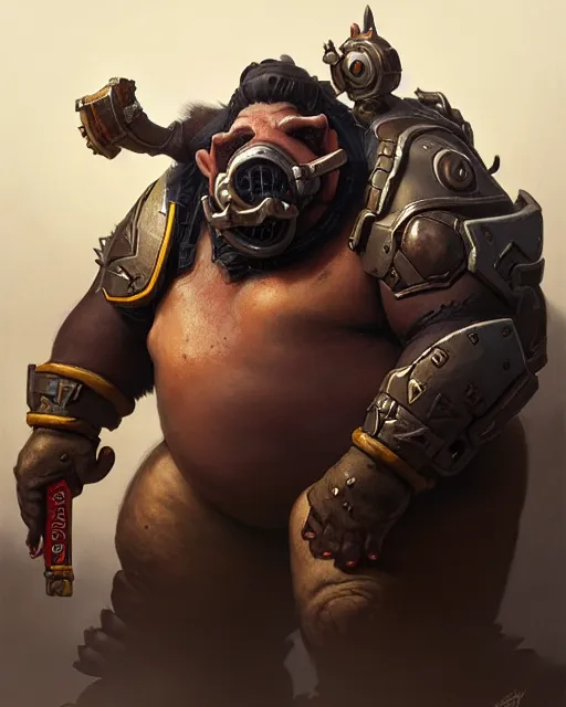 Image similar to roadhog from overwatch, character portrait, portrait, close up, concept art, intricate details, highly detailed by greg rutkowski, michael whelan and gustave dore
