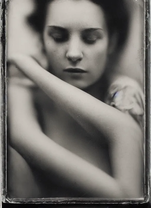 Prompt: dreamy close up portrait of a young women, photo realistic, elegant, award winning photograph, parallax, cinematic lighting, ambrotype wet plate collodion by martin shuller, richard avedon dorothe lange and and shane balkowitsch