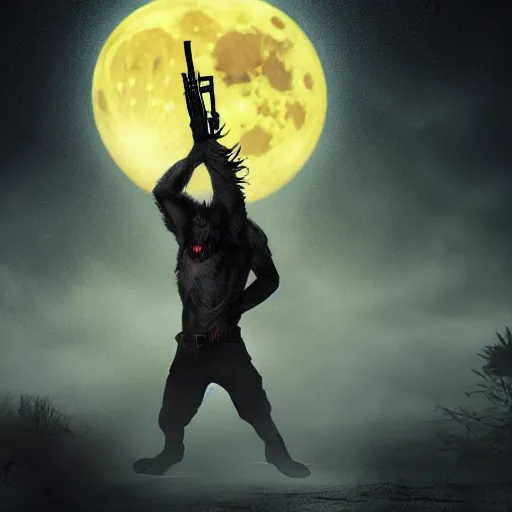 Image similar to a fearsome werewolf holding an ak - 4 7 in one hand and a elecric guitar in the other a full moon shies behind him, darkcinematic scene, super detailed, hyper realistic