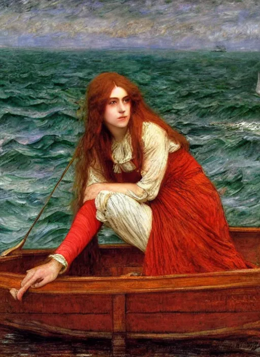 Prompt: lady of shallot in a boat by john william waterhouse, rosetti, monet, william holman hunt, 8 k