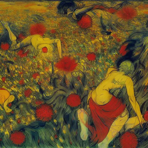 Image similar to 2 people in red desert drowning in a sea of yellow flowers, surrounded by swirls of prickly flowers rage , highly detailed, intricate, surreal, painting by Franz Marc, part by Yoji Shinkawa, part by Norman Rockwell