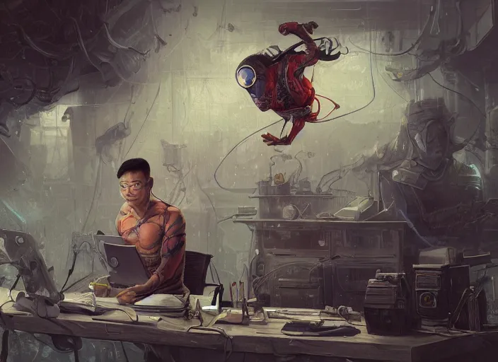 Image similar to an insanely detailed painting of an asian man wearing a homemade superhero costume, sitting at a desk, staring seriously at the computer and typing, in the style of peter mohrbacher, james jean, ruan jia, dramatic lighting and composition, surreal background, octane render, pixar, trending on artstation, concept art, comic book, view from behind, 8 k