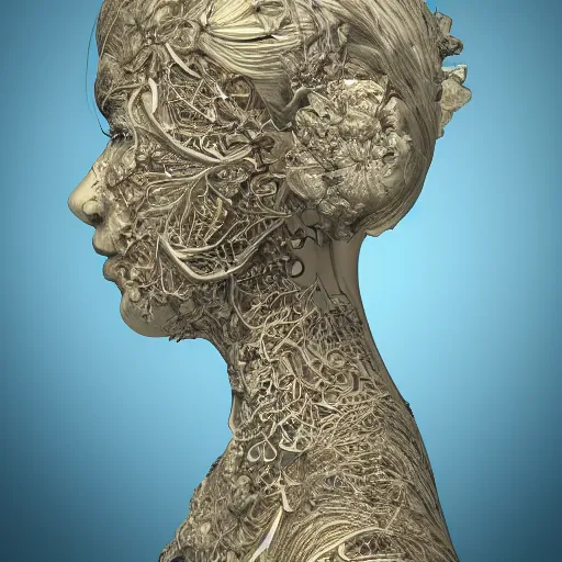 Image similar to beatifull face portrait of a woman, 150 mm, anatomical, flesh, flowers, mandelbrot fractal, facial muscles, veins, arteries, intricate, golden ratio, full frame, microscopic, elegant, highly detailed, ornate, ornament, sculpture, elegant , luxury, beautifully lit, ray trace, unreal, 3d, PBR, in the style of peter Gric , alex grey and Romero Ressendi