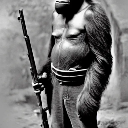 Image similar to a Gorilla soldier, ww2, war photo, film grain.