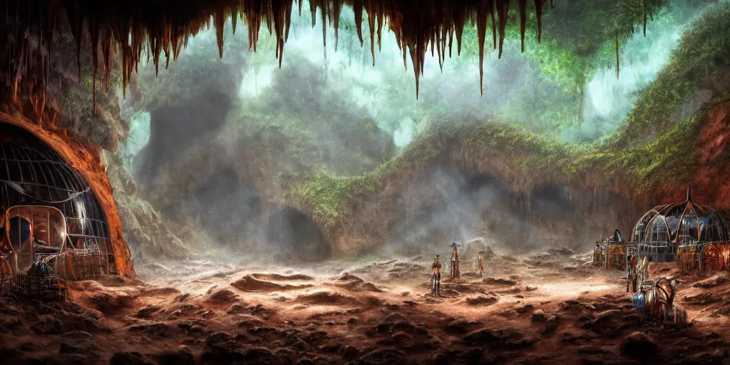 Prompt: a chrome conical drill visits a rusted cave mouth in the jungle, retrofuturistic, matte oil painting, speleothems, merchant tents, salt dunes, science fantasy, rpg, epic, extremely detailed, sharp focus, 4 k